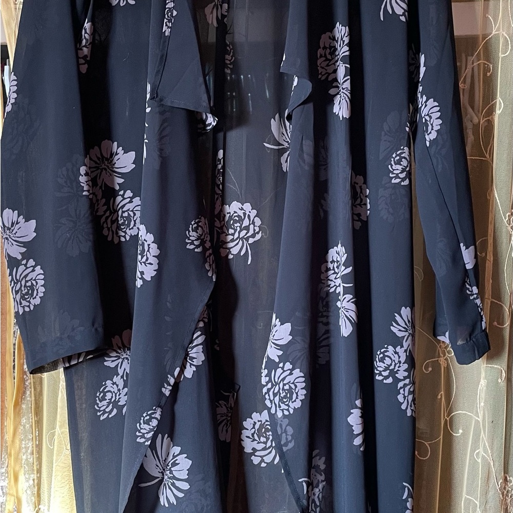 Light black and white  flowy jacket long black with flowers